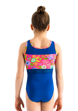 Ervy Thorun Leotard (Cyan & Royal Blue with Neon Salmon Flower Print)
