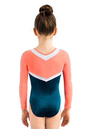 Ervy Ariana Long Sleeved Leotard (Aquamarine, Neon Salmon and White)