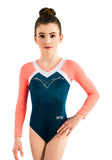 Ervy Ariana Long Sleeved Leotard (Aquamarine, Neon Salmon and White)