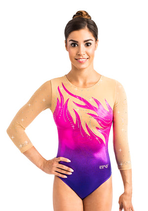Ervy Pina 3/4 Sleeved Leotard (Pink, Violet and Skin)