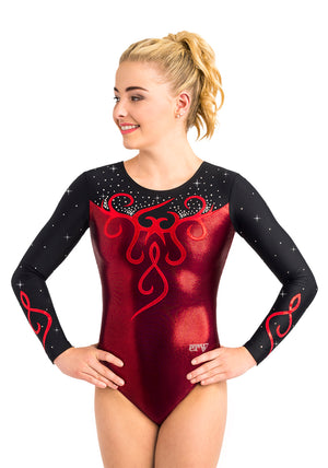Ervy Quincy Long Sleeved Leotard (Bordeaux, Black and Light Red)